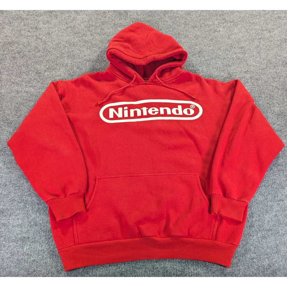 Vintage 2004 Nintendo Logo Hoodie Red Mens XL Retro Gaming Pullover Sweatshirt